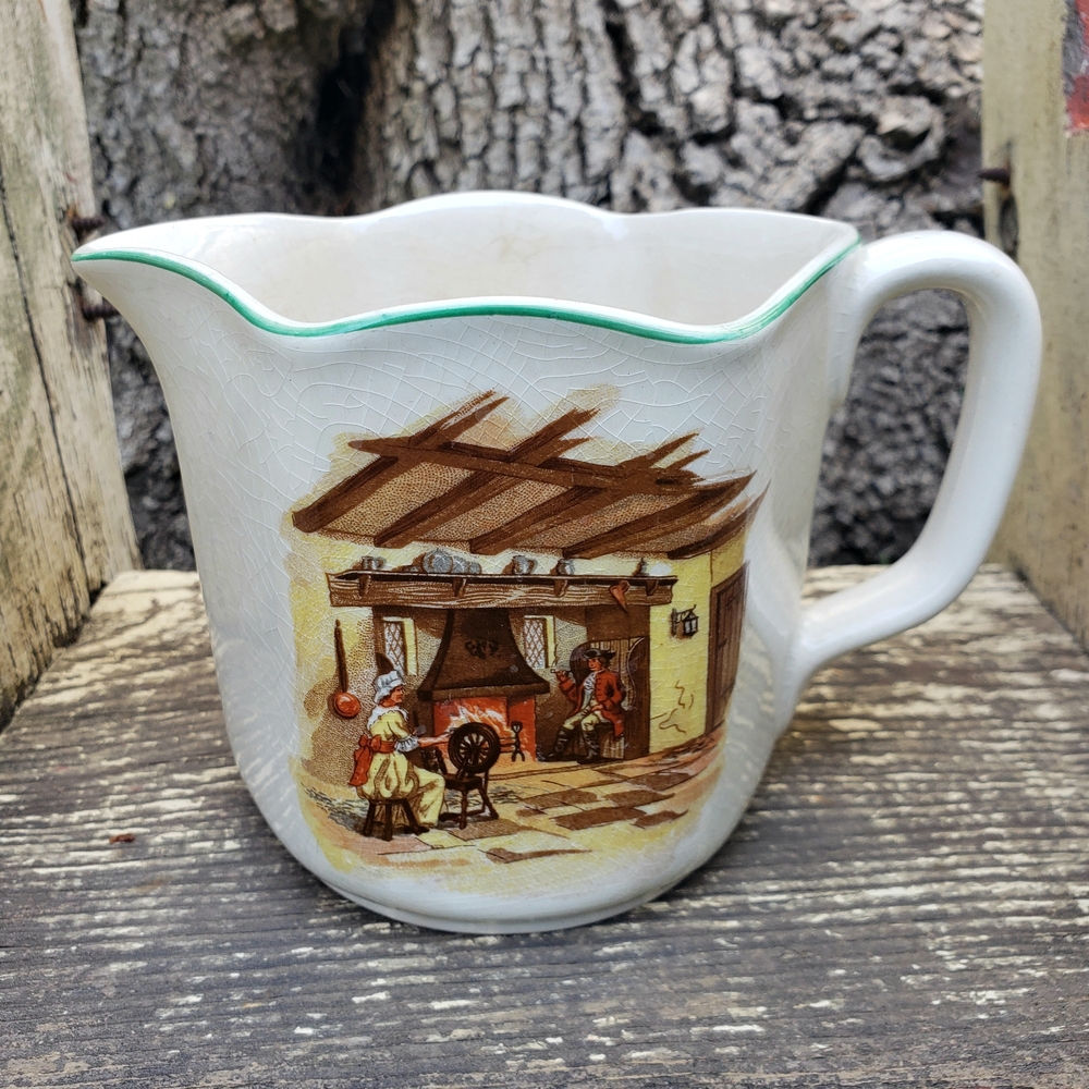 Vintage Ceramic Pitcher with Rustic Victorian Scene, Antique Ceramic Pitcher